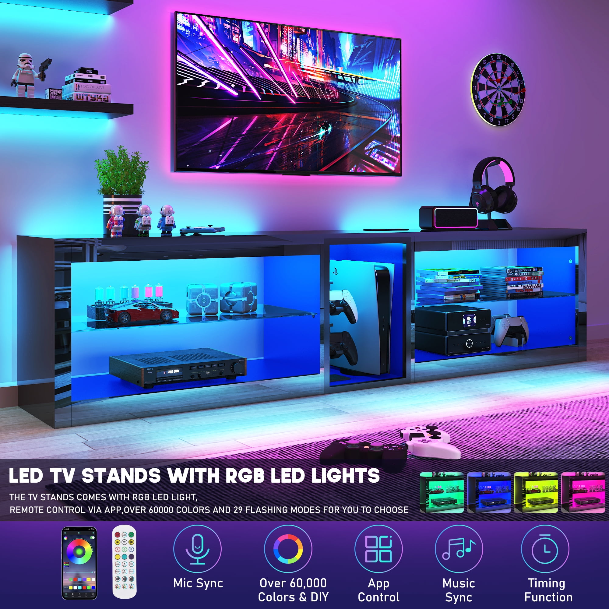 ChVans Modern LED TV Stand for TVs up to 90" with Adjustable LED Lights/Outlet, High Gloss Entertainment Center with Open Shelves Storage, Media Console TV Stands for Living Room, Game room, Bedroom