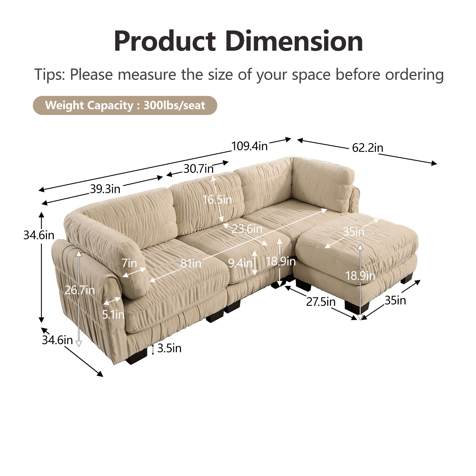 109" L Shape 3 Seat Chenille Modular Sectional Sofa with Movable Ottoman and L Shape Back Cushions