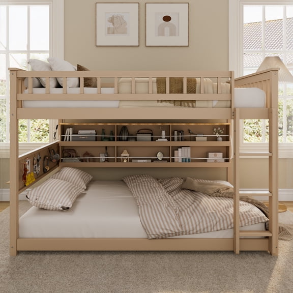 Leumius Full over Full Bunk Bed with Integrated Shelving, Color-Changing Lights and Pegboard for Boys Girls Beige