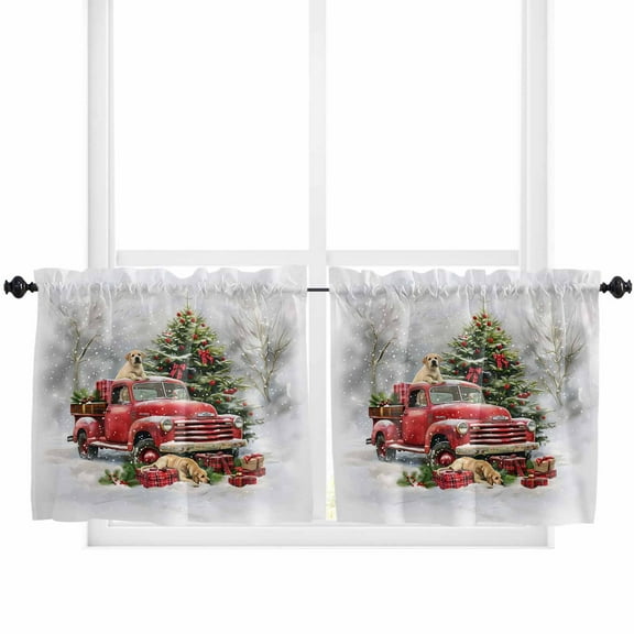 Christmas Kitchen Curtain 2 Panels Tiers Curtains 24 Inch Length, Red Truck Xmas Tree Snowflake Curtains Rod Pocket Curtains Window Drapes Treatment Window Cafe Curtains