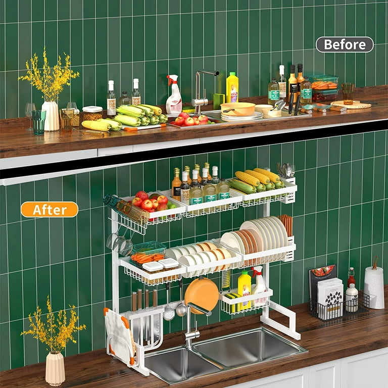 Over Sink Dish Drying Rack (34-45) 3 Tier, 2 Cutlery Holders