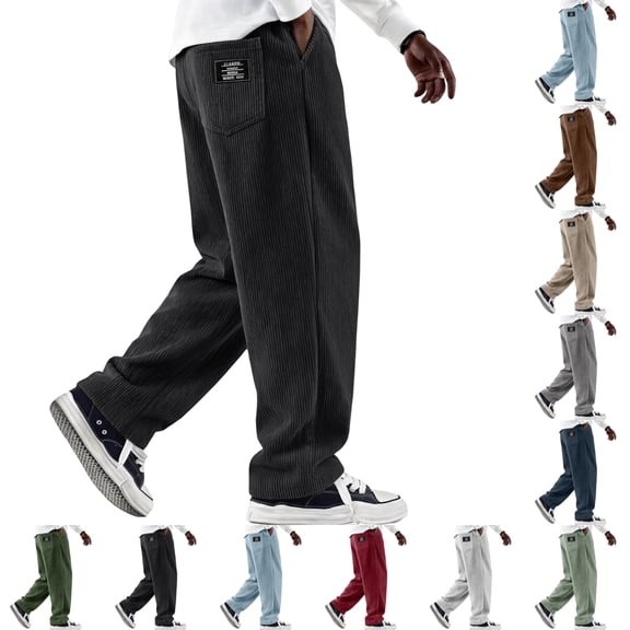 UDAUDU Corduroy Pants for Men Casual Fashion Loose Fit Wide Leg Pants Straight Sweatpants Drawstring Elastic Waist Sweatpants with Pockets Black M