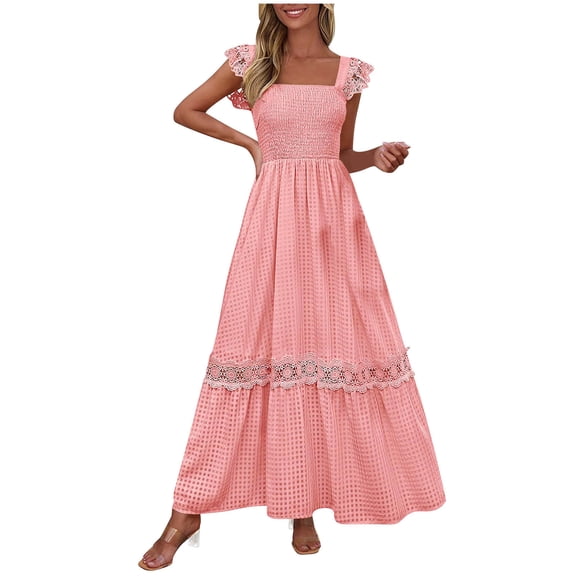 Ygbgbb Women's 2026 Summer Dresses Sleeveless Square Neck Smocked High Waist Dress Flowy A Line Maxi Dress Casual Solid Ruffle Sundress Watermelon Red M