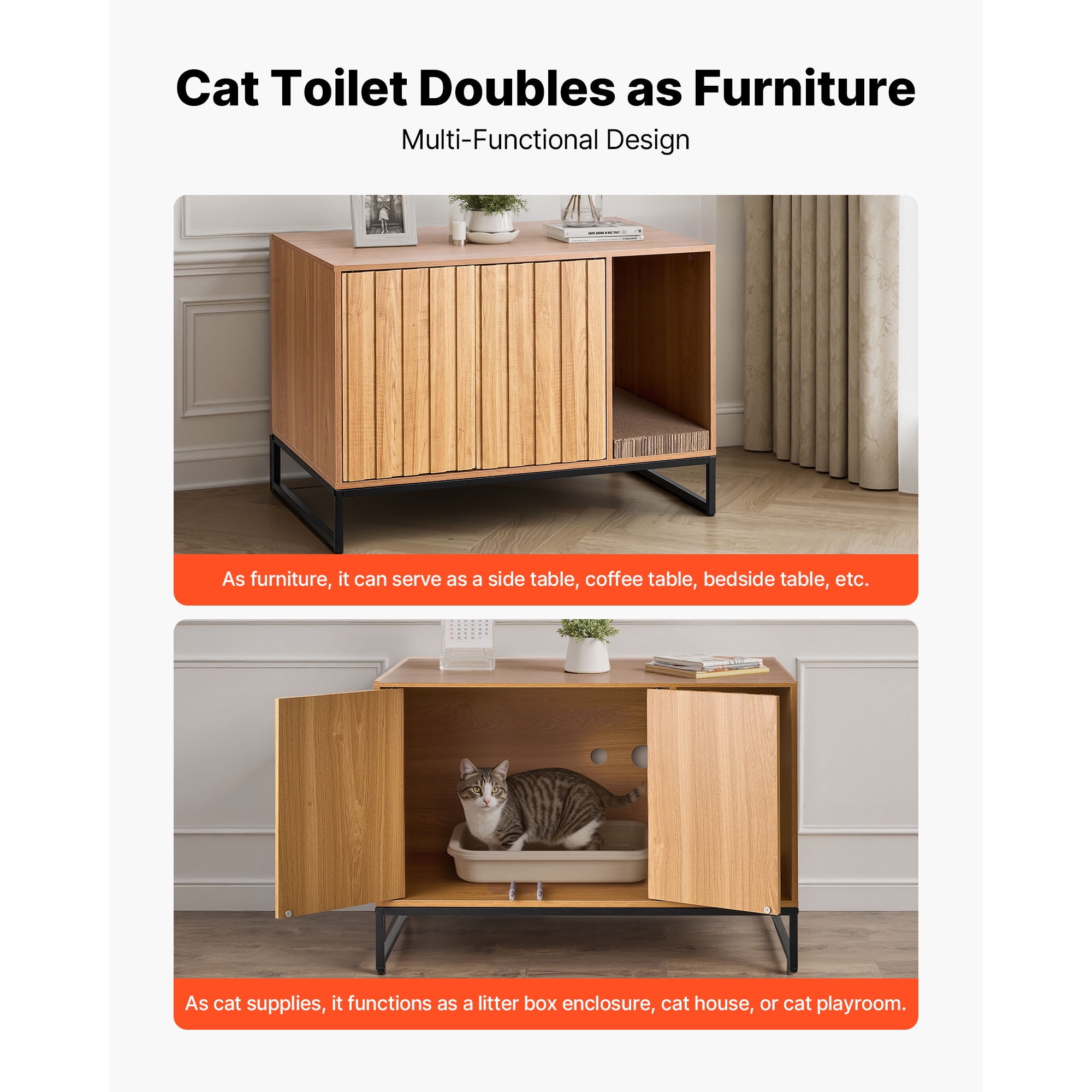 KFFKFF Cat Litter Box Enclosure Cabinet, 31.5 in Hidden Litter Box Furniture with Scratch Pad & Storage, Waterproof Cat Washroom Table for Bedroom or Living Room, Compatible with Most Litter Boxes