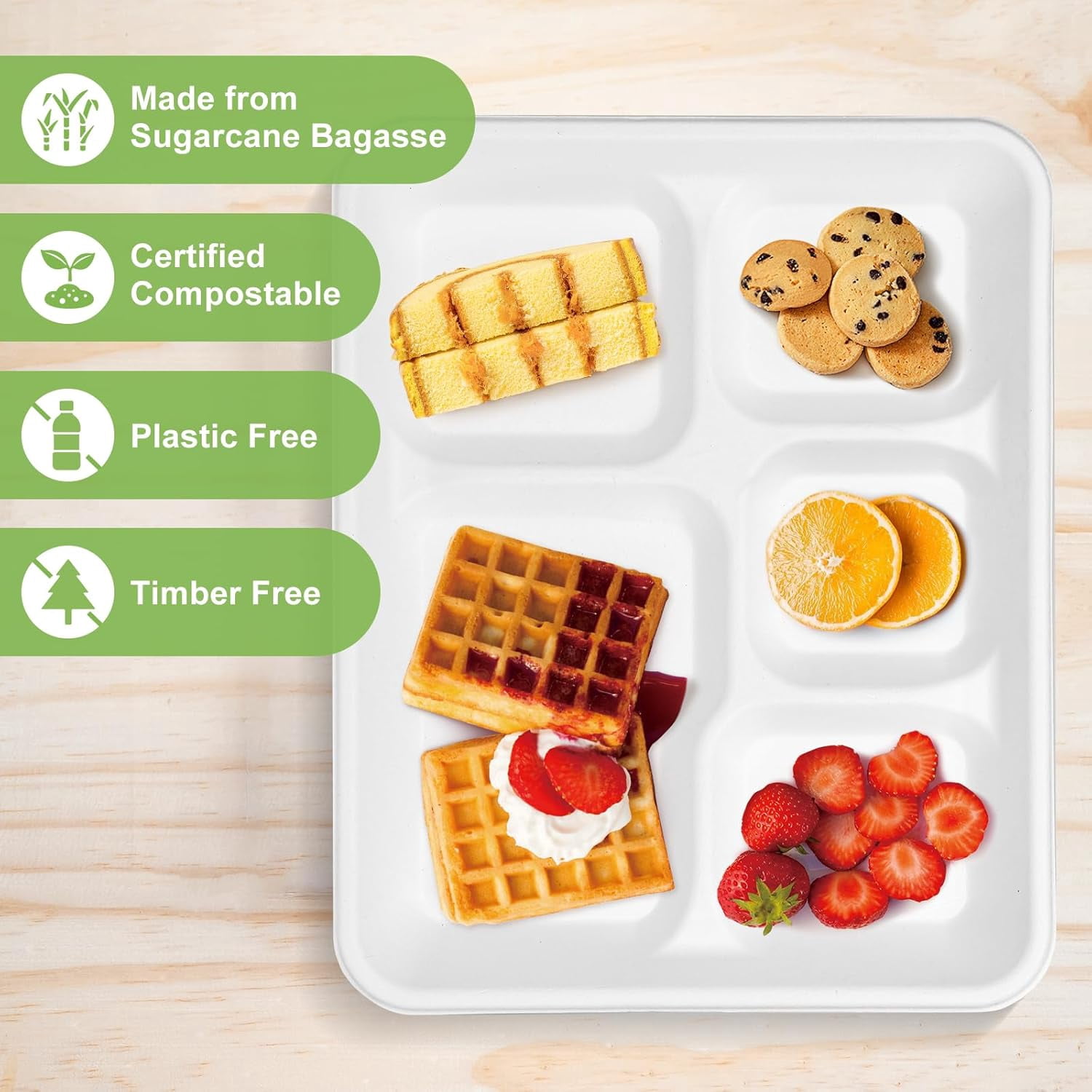 Compostable 5 Compartment Plates Disposable, 10.25 x 8.25 inch, [50-Pack] Heavy Duty Paper Plates with dividers, Sturdy School Lunch Trays, White Paper Dinner Plates for Kids Buffet Party