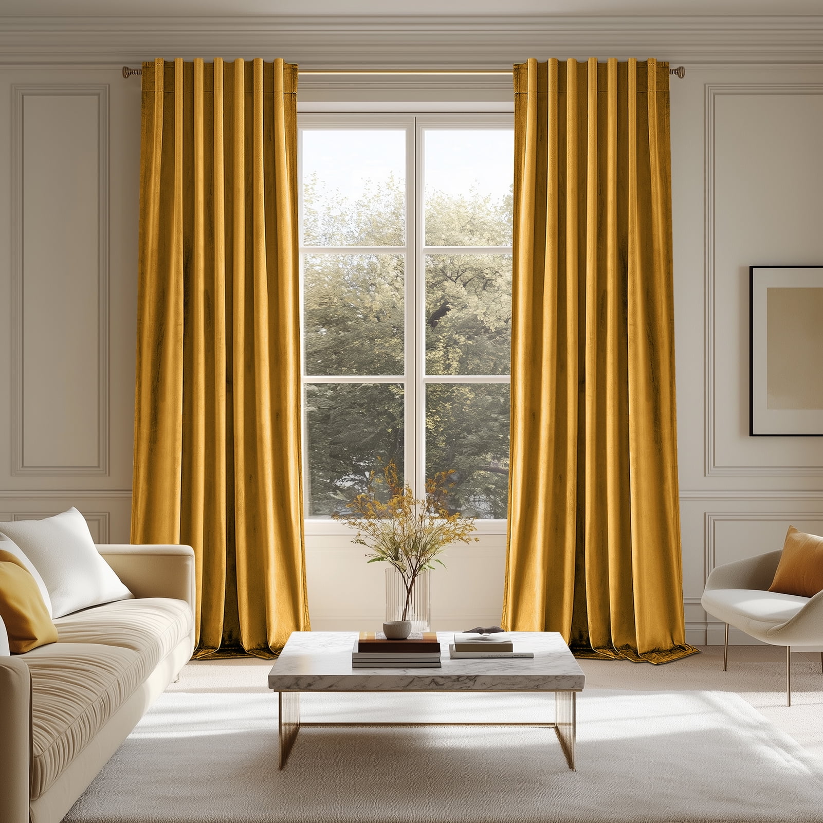 Topfinel Mustard Yellow Velvet Blackout 96 Inches Long Curtains , 100% Blackout Drape Gold with Hooks, Soundproof Art Deco Back Tab Drapes for Living Room Bedroom,Set of 2