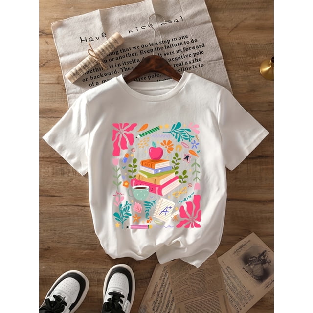 Women's Boho Floral Teacher Graphic T-Shirt - Vibrant Books & Flowers Design, Short Sleeve Crew Neck, Lightweight Cotton Blend, Ideal for Spring & Summer Casual Wear