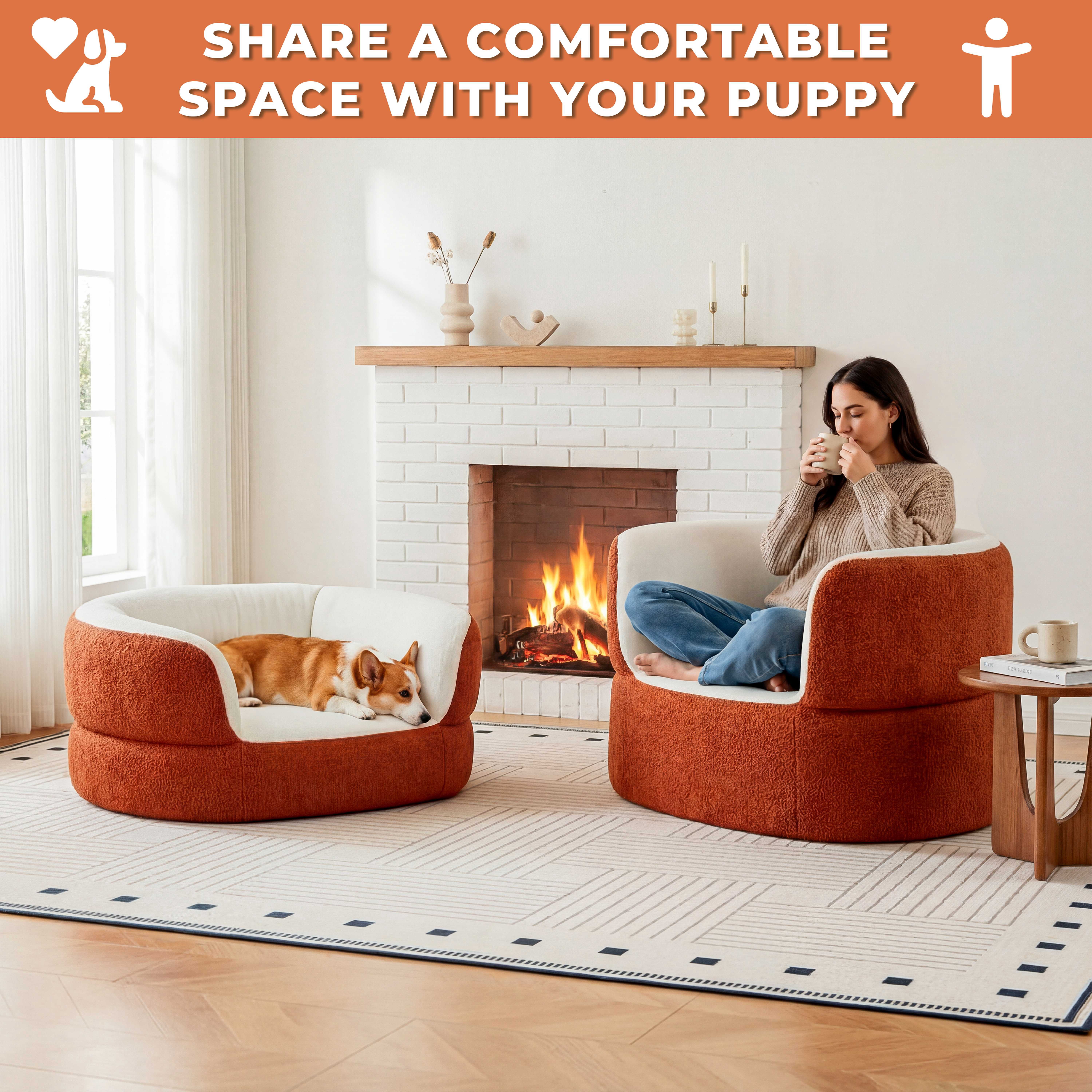 39.4" No Assembly Required Dog Couch Bed, Furniture Style Orthopedic Doggy Chaise with Foam for Dogs up to 75lbs, Round Faux Shearling Pet Sofa Bed with Removable Leather Mat for Living Room Bedroom