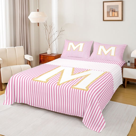Feelyou Fashion Pink Stripes Twin Sheet Sets for Teen, Initial M Letter Twin Fitted Sheet, Cute Princess Cartoon Flat Sheet, Breathable Home Decor, 3pcs