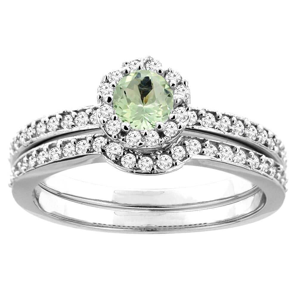 10K White Gold Natural Green Amethyst 2-pc Bridal Ring Set Diamond Accent Round 4mm, sizes 5 10 by WorldJewels