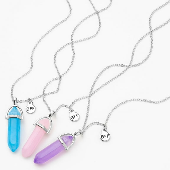 Claire's Silver Best Friends Colorful Pendant Necklaces - 3 Pack, Silver,Adult.