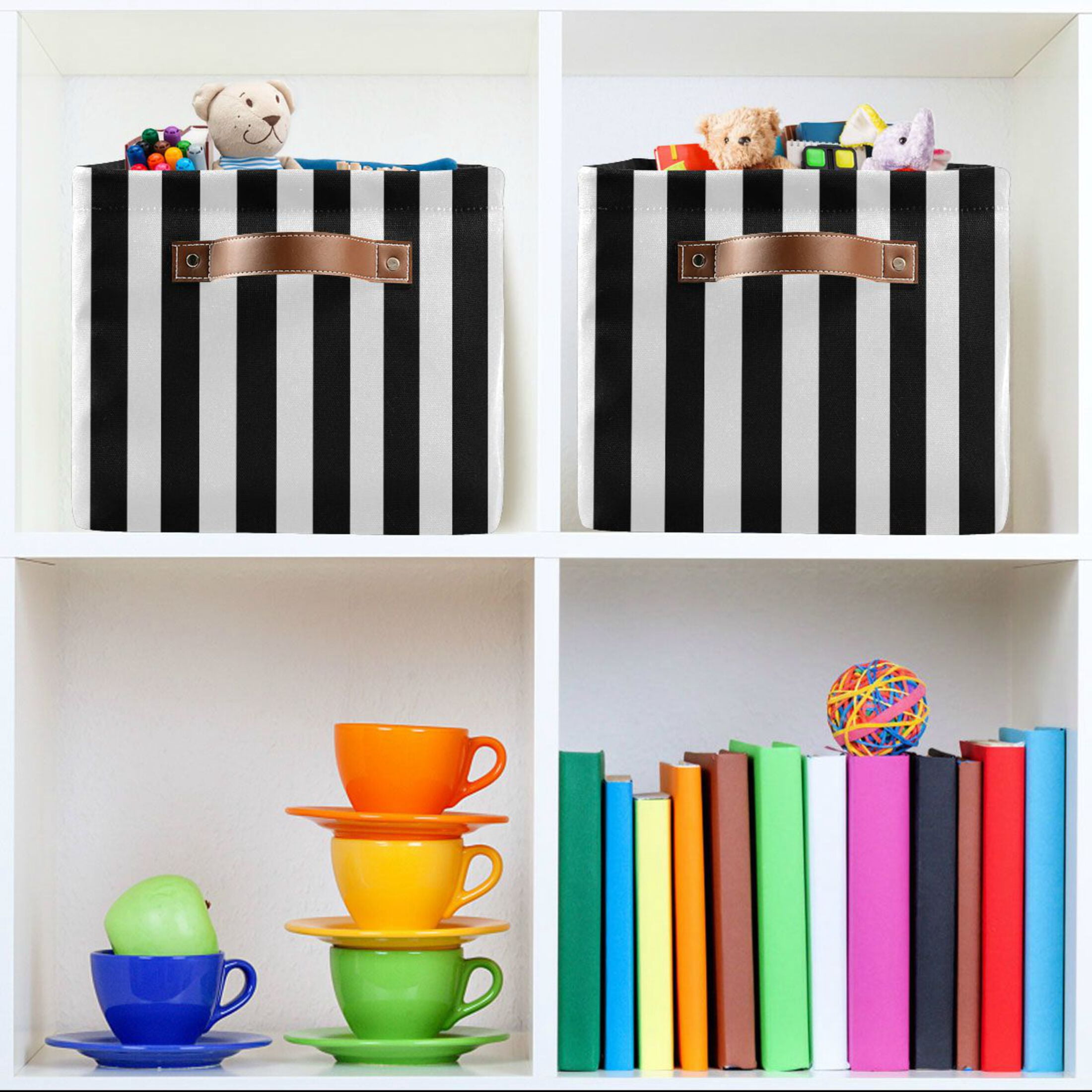 2 Pack Storage Bins with Handle Fabric Organizer Basket Foldable Box Black and White Striped 14.2x10.2x8.3