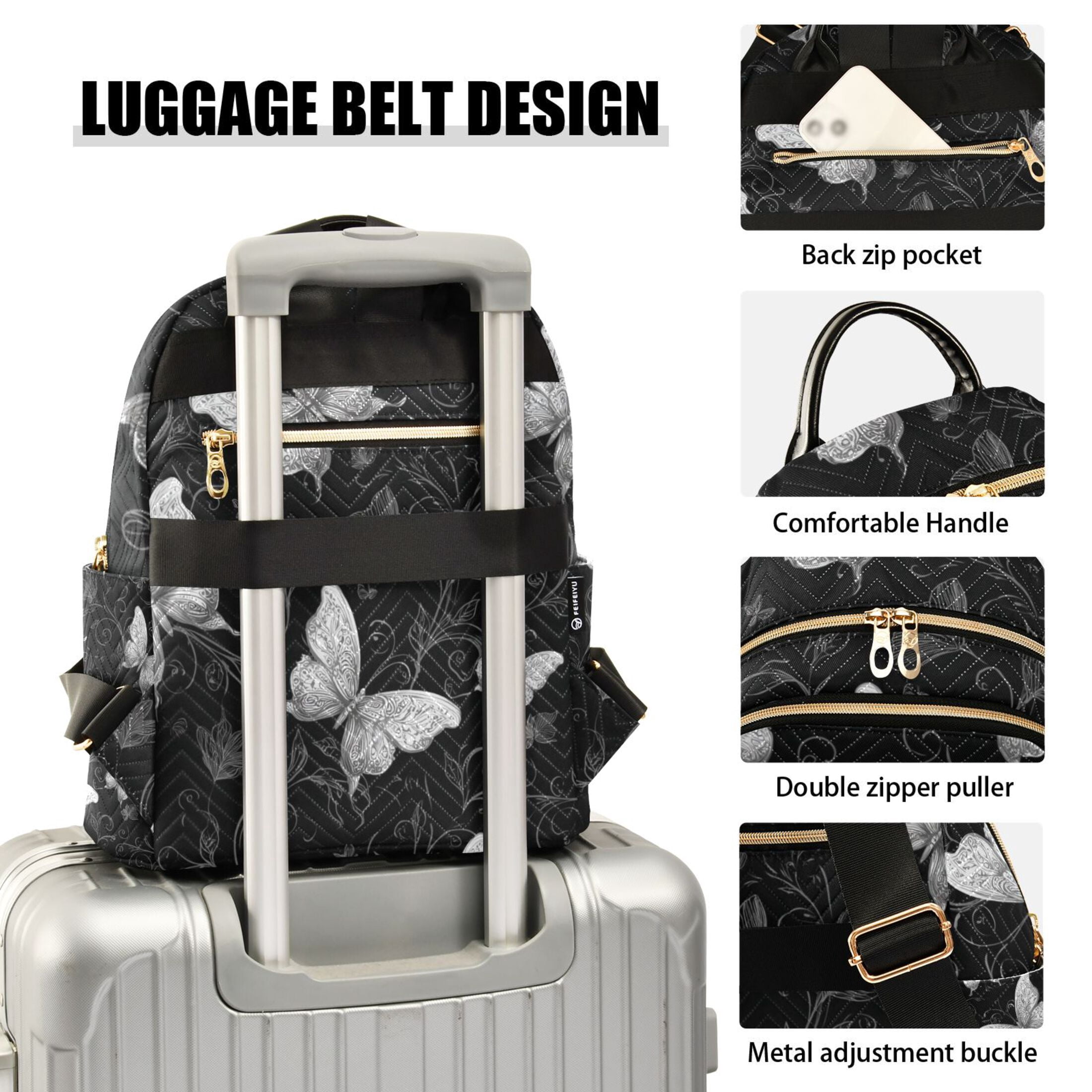 Gray Butterflies Flowers on Black Background Quilted Backpack Fashion Daypack Commuter Bag for Women 14 L