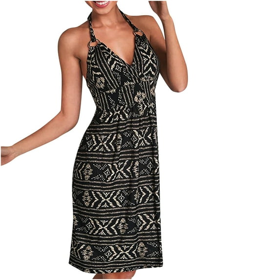 IROINNID Sundress For Women Casual Gorgeous Sleeveless Halter Bandage Printing Beach Sling Dress V-Neck Short Dress