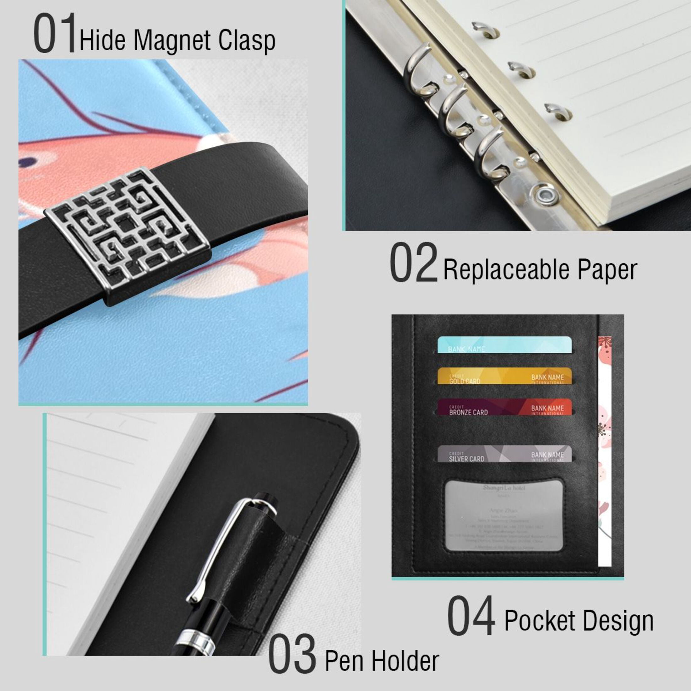 9.2x6.7 inch Leather Notebook 100 Sheets, Multi-Pocket Design & Pen Loop Cartoon Shrimps Pattern Refillable Journal Organizer