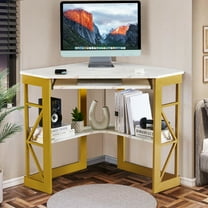 VECELO Student Study Workstation with Keyboard Tray and Shelf Corner Desk, Gold