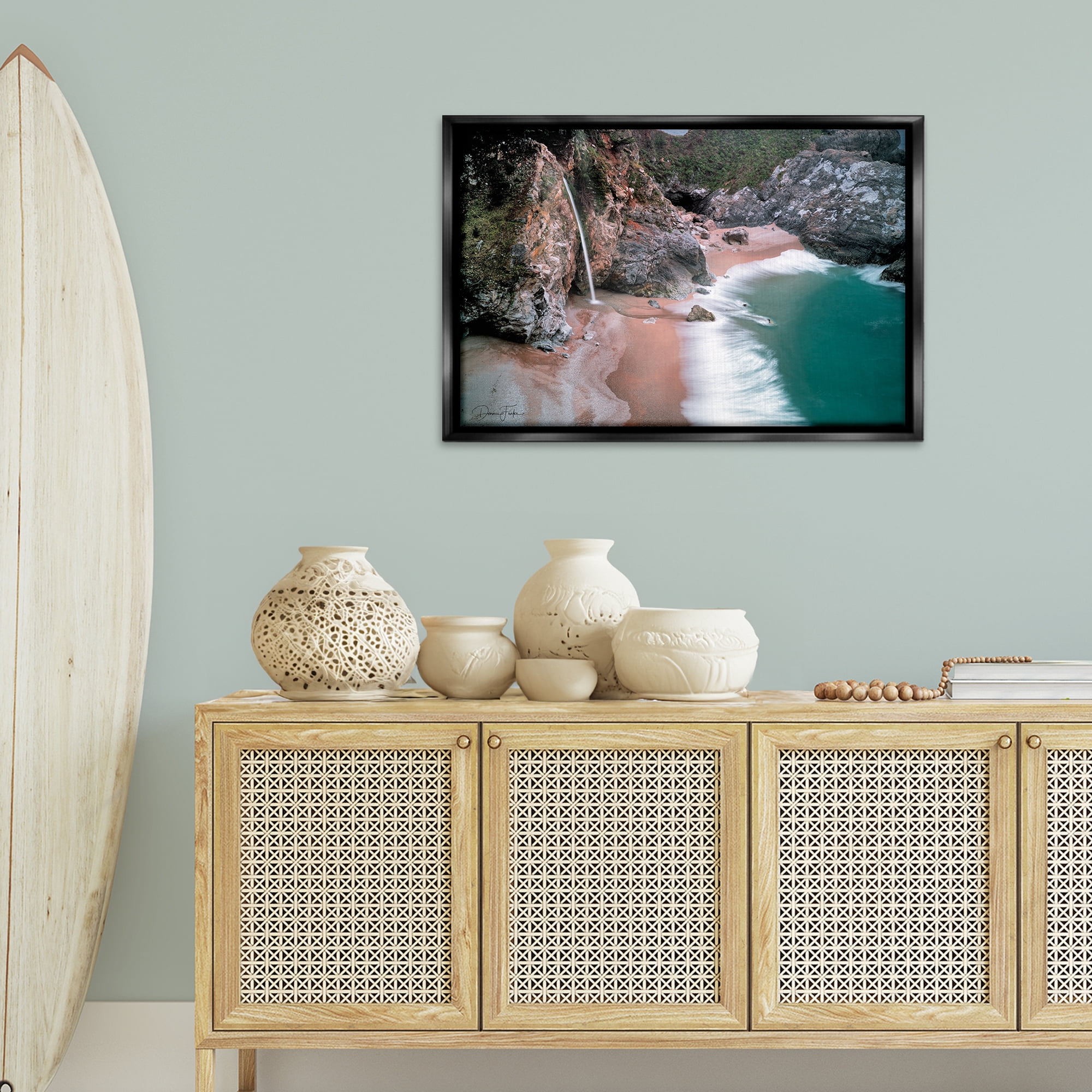 Stupell Industries Tropical Waterfall Cliffs Coastal Painting Black Floater Framed Canvas Art Print Wall Art, 31 x 21