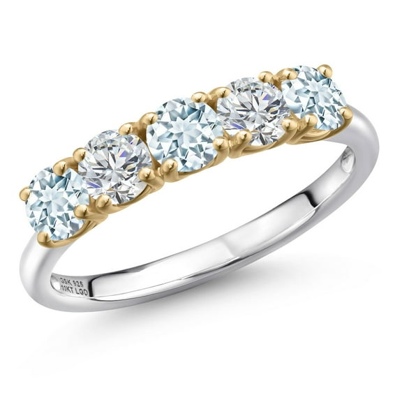 Gem Stone King 925 Silver and 10K Yellow Gold Sky Blue Aquamarine and Lab Grown Diamond Wedding-Bands Ring for Women | 1.29 Cttw | Round 4MM | Gemstone March Birthstone | Size 9