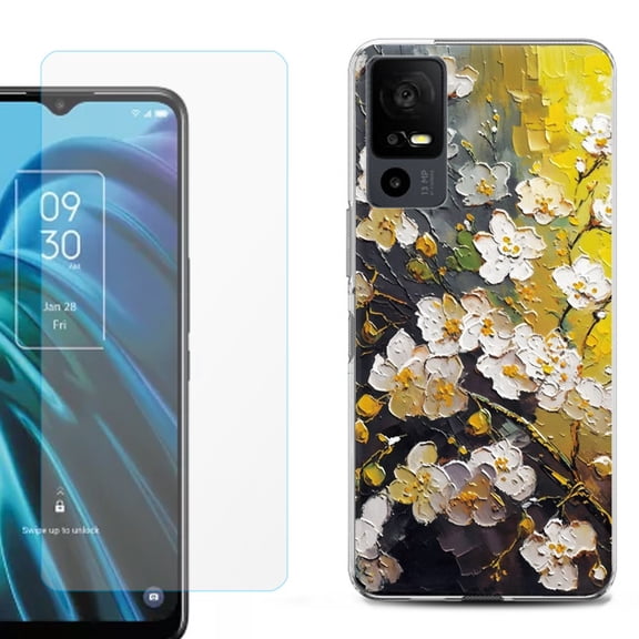 OneToughShield ® for TCL 40 XE 5G Shockproof Fashion Phone Case, with Tempered Glass Screen Protector - Plum Flower