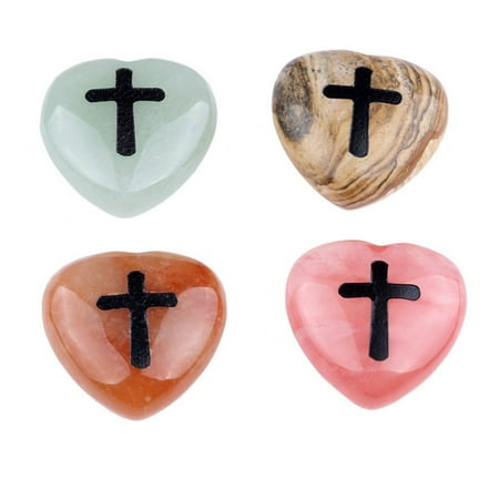 - Four Hearts engraved with cross worry gemstones (Natural Gemstones) set of 4 Natural Semi-precious worry heart stones