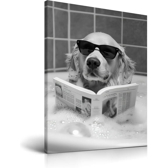 Aaheei Dog in Bathtub Wall Art,Funny Golden Retriever Reading Canvas Print,Cute Animal Bathroom Poster,Black and White Dog Picture Wall Decor for Kid Room Bedroom Nursery Home,1 Pack