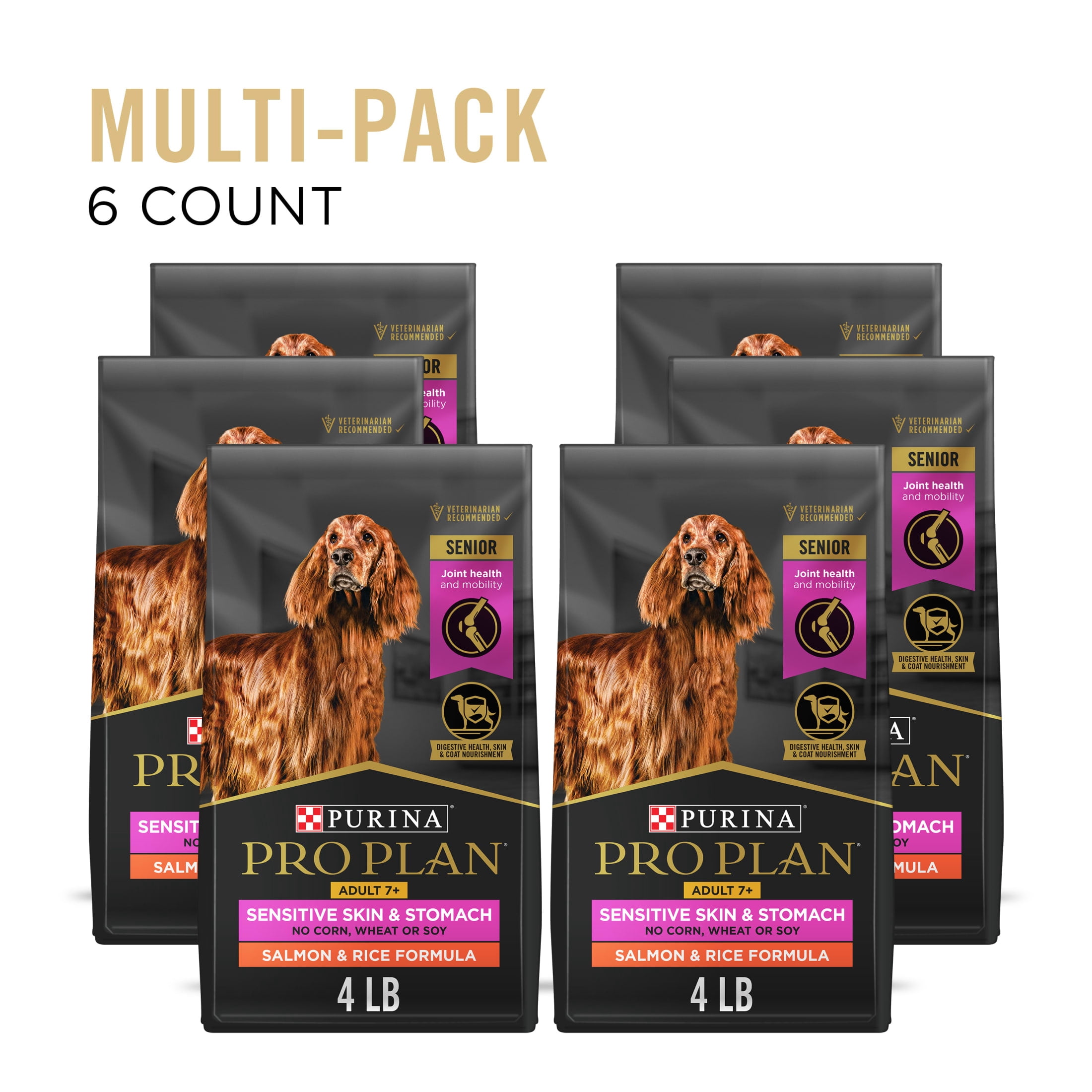 Purina Pro Plan Sensitive Skin and Sensitive Stomach Dog Food Senior Dogs Adult 7 Plus Salmon and Rice Formula, 4 lb Bag