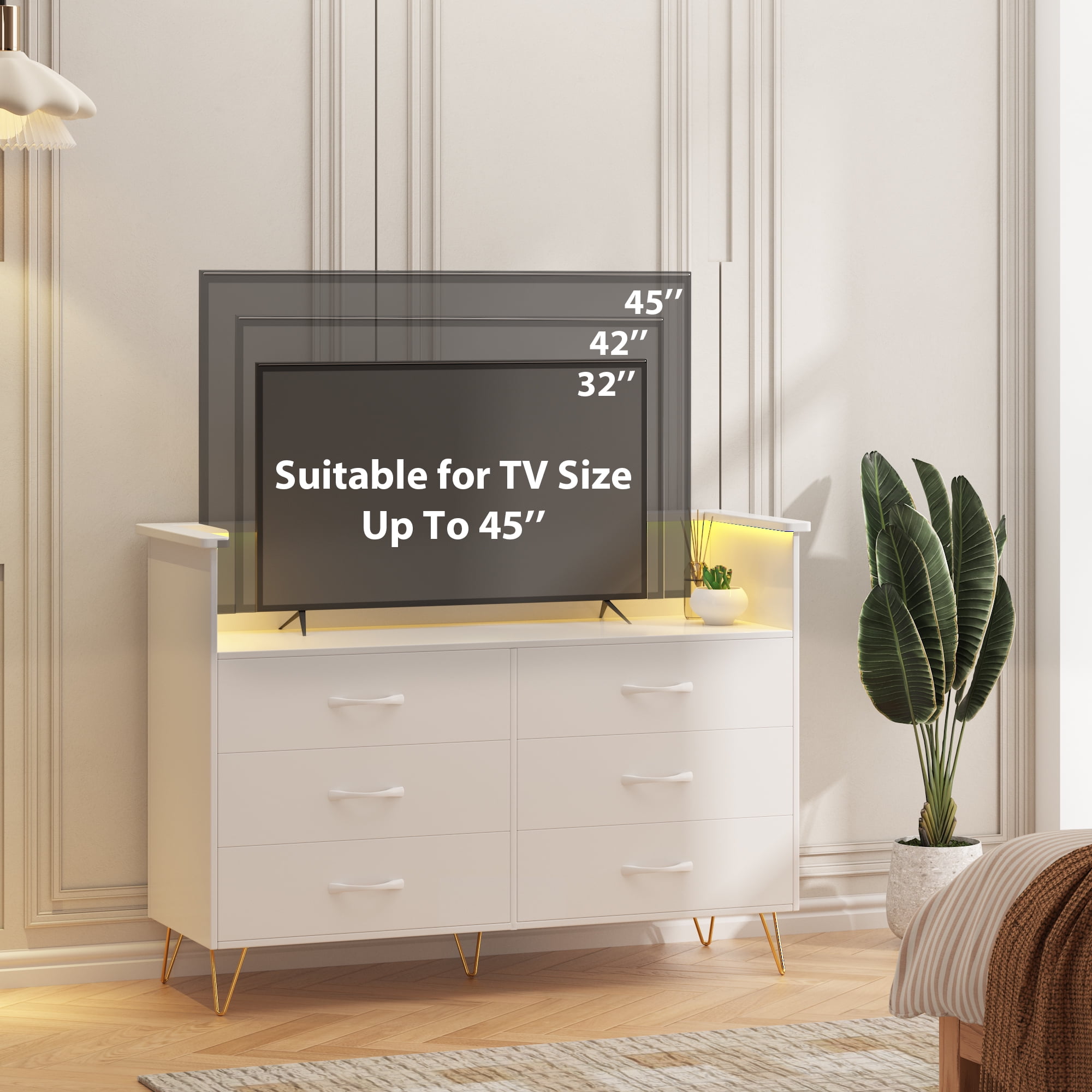 Homhougo Dresser for Bedroom 6 Drawer White with LED Light & Charging Station, Wooden Dressers and Chests of Drawers with 2-Tier Open Shelves, Wide Dresser Organizer for Living Room Hallway Entryway