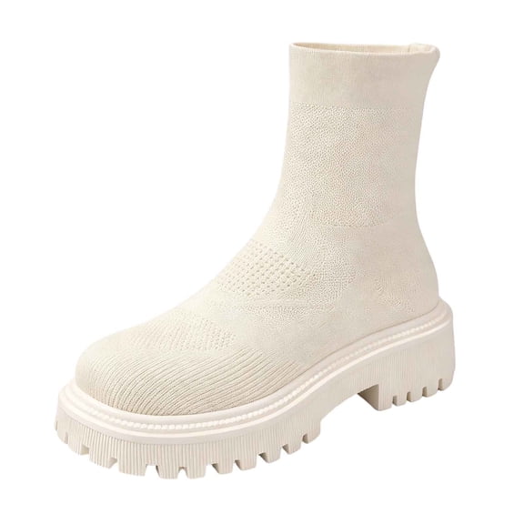 hopeusnice Round Toe Knit Ankle Boots Women Breathable Chunky Boots for Street Style Beige 35