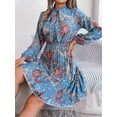 thumbnail image 2 of EASYBRAUS Women Floral Chiffon Pleated Midi Dress V Neck Long Sleeve Spring Summer Dress, 2 of 7