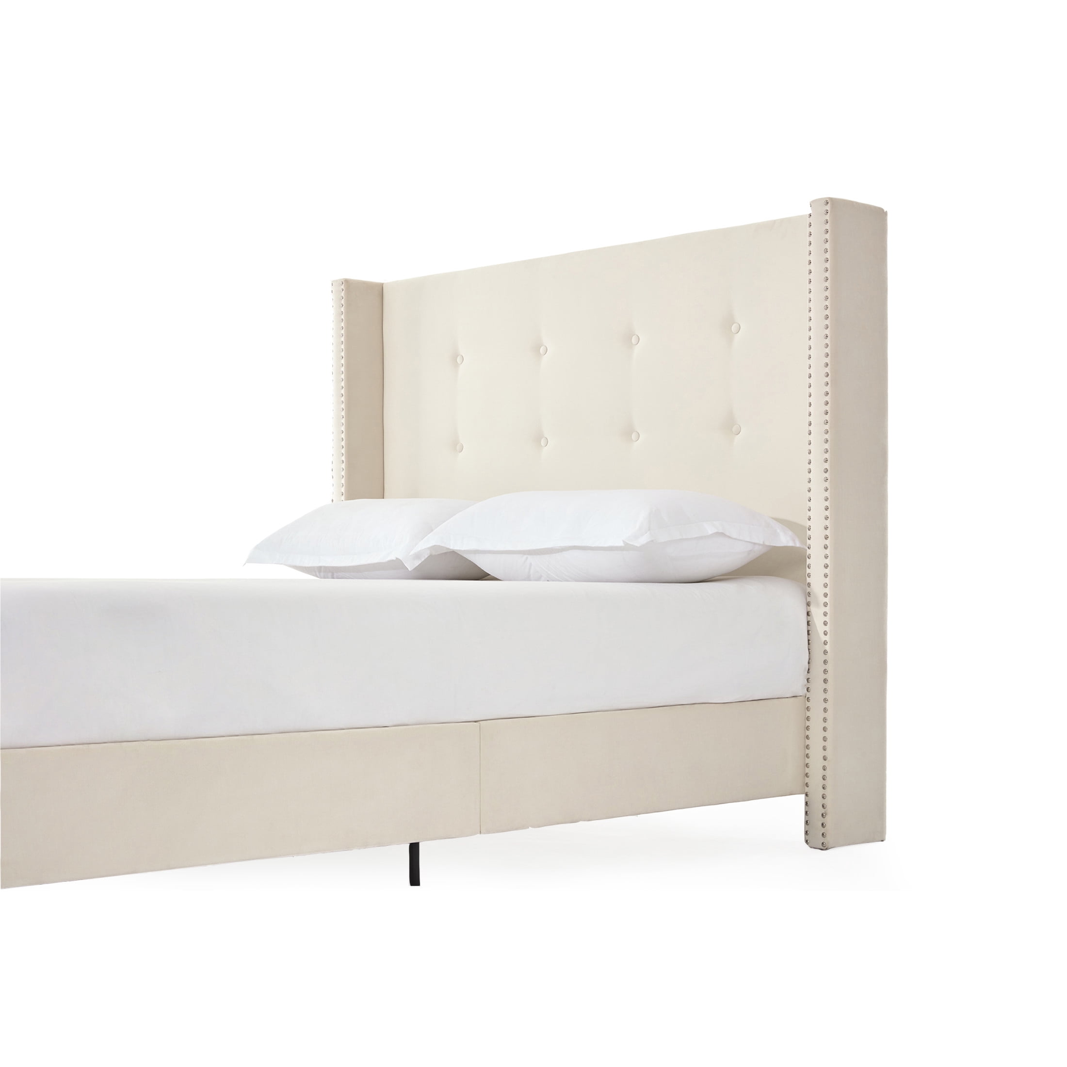 Noble House Peyton Indoor Button Diamond Tufted Velvet Upholstery Queen Bed with Wingback, Ivory