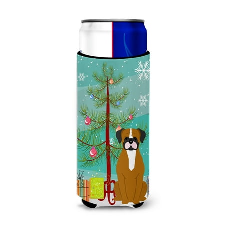 

Carolines Treasures BB4241MUK Merry Christmas Tree Flashy Fawn Boxer Michelob Ultra Hugger for slim cans Slim Can