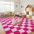 thumbnail image 2 of ZENELESS 8x10 Fluffy Rug for Living Room,Checkered Shaggy Soft Anti-Skid High Pile Carpet for Boys Girls Teen Room Dorm Home Decor,Pink and Rose Red, 2 of 7