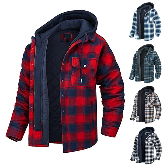 DDAPJ pyju Mens Quilted Lined Flannel Hooded Jacket Prime Day Deals, Plaid Button Down Shirts Zipper Hoodie Jacket Double Closure Windproof Outdoor Work Shacket Jackets
