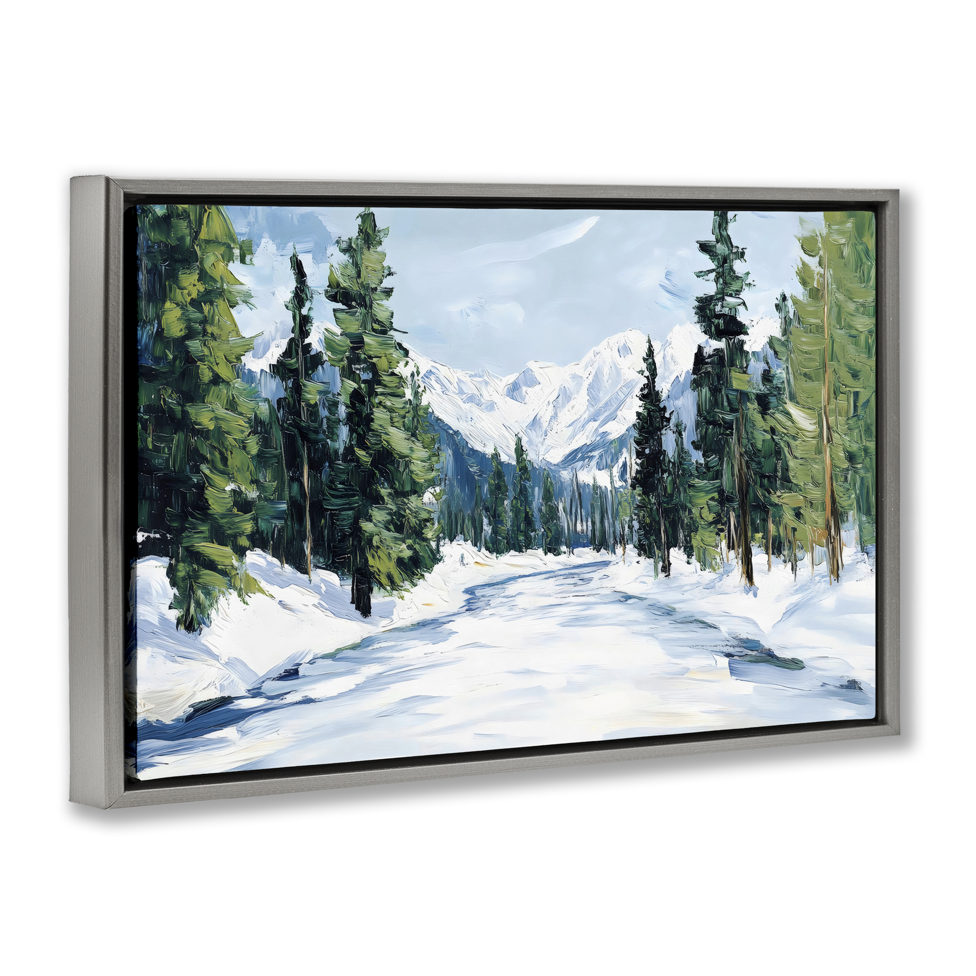 Snowy Tall Tree Pass Gray Framed Floater Canvas Wall Art, design by Petal Prints Design
