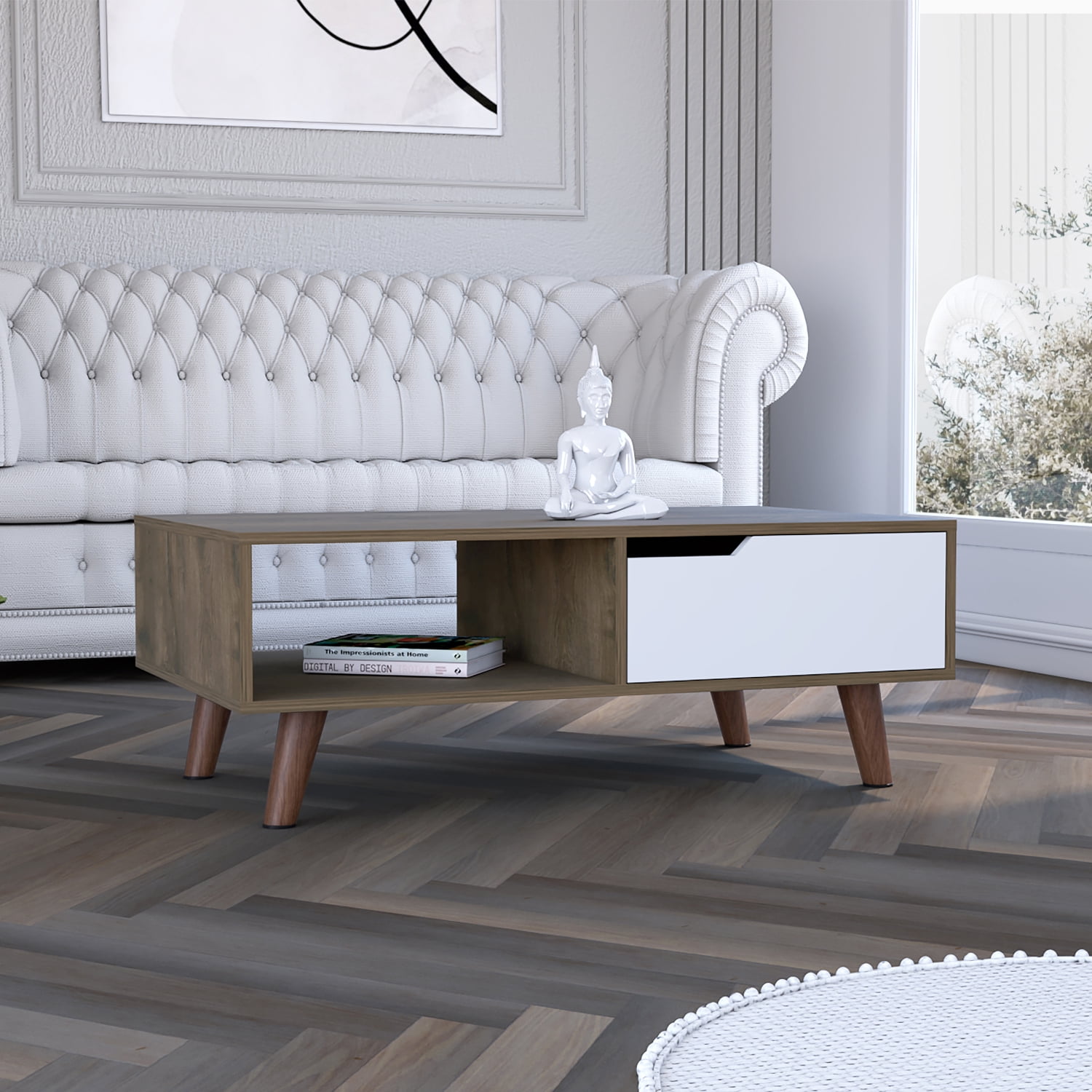 Lisonu Mid-Century Modern Coffee Table with Drawer and Open Shelf, Two-Tone Living Room Center Table with Tapered Legs, Particle Board Cocktail Table, Dark Brown & White