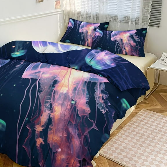 Ocean Glowing Jellyfish Duvet Cover Set Bedding Set Polyester Quilt Cover for Bedroom Decoration
