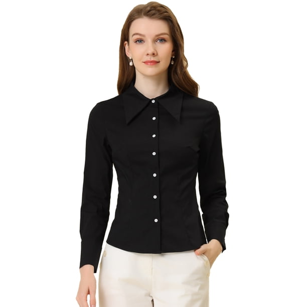 Camisa de Chifón de Manga Larga Allegra K con Cuello En Punta para Mujer Negro L