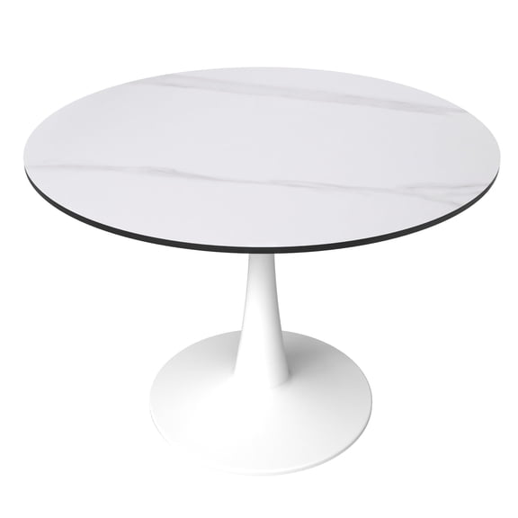 LeisureMod Round Dining Table Modern 40" Sintered Stone Tabletop with White Steel Pedestal Base for Kitchen and Living Room Bristol Series in White