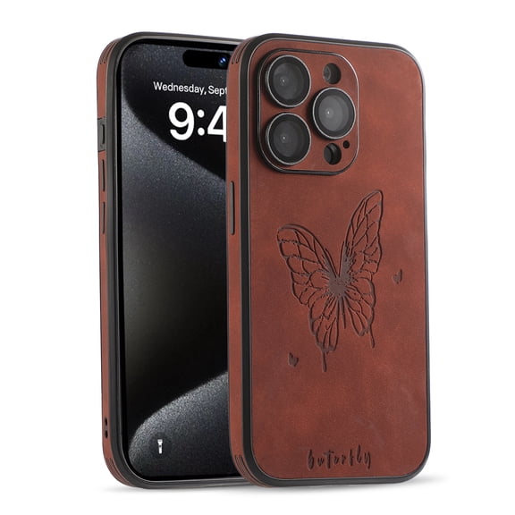 Allytechgroup Slim Case Compatible with iPhone 13, with Camere Lens Protector Butterfly Embossed Shockproof Anti-Scratch Bumper Rugged Phone Case for Apple iPhone 13, Brown