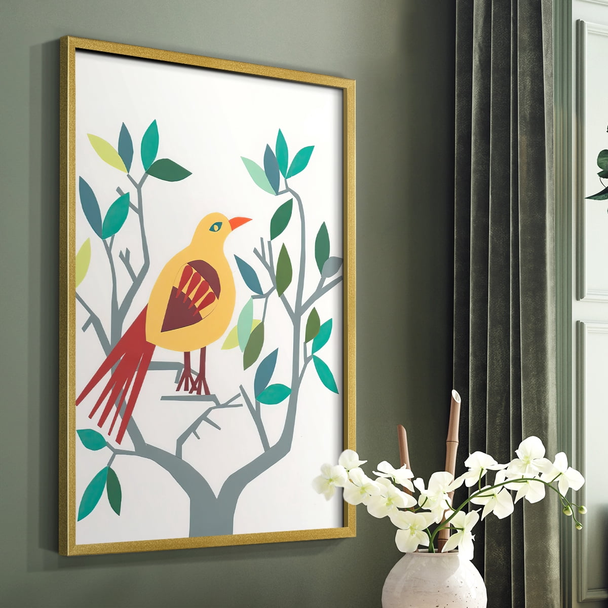 Whitty Bird III Framed Print in Gold Solid Wood 22 x 28 Framed Print