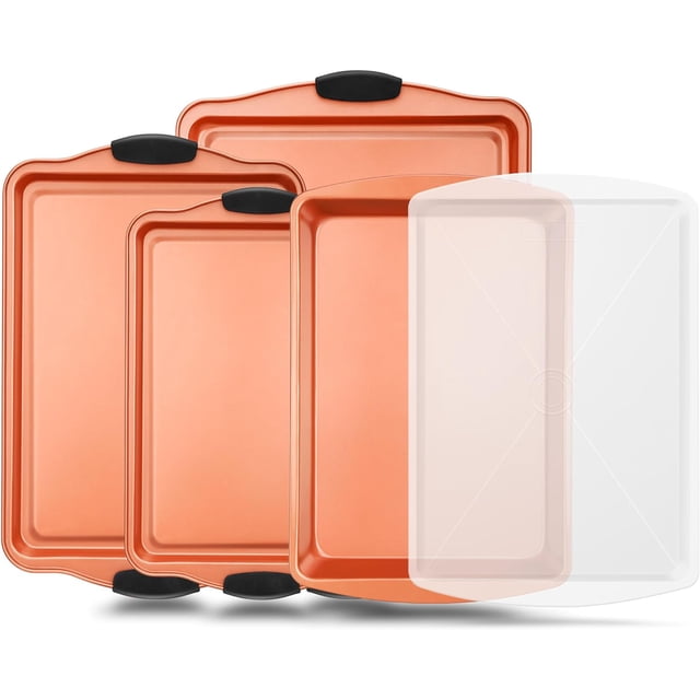 NutriChef 5-Piece Bakeware Set – Premium Non-Stick, Stackable Kitchen Baking Pans with Silicone Handles – Includes 3 Cookie Sheets, Baking Pan & Lid – Perfect for Cakes, Cookies & Brownies