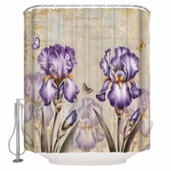 Purple Iris Bathroom Shower Curtains with 12 Hooks Polyester Waterproof Shower Curtain for Stalls and Bathtubs Spring Vintage Flowers Butterfly Leaves Khaki Decorative Bathroom Curtain 54x78 Inches