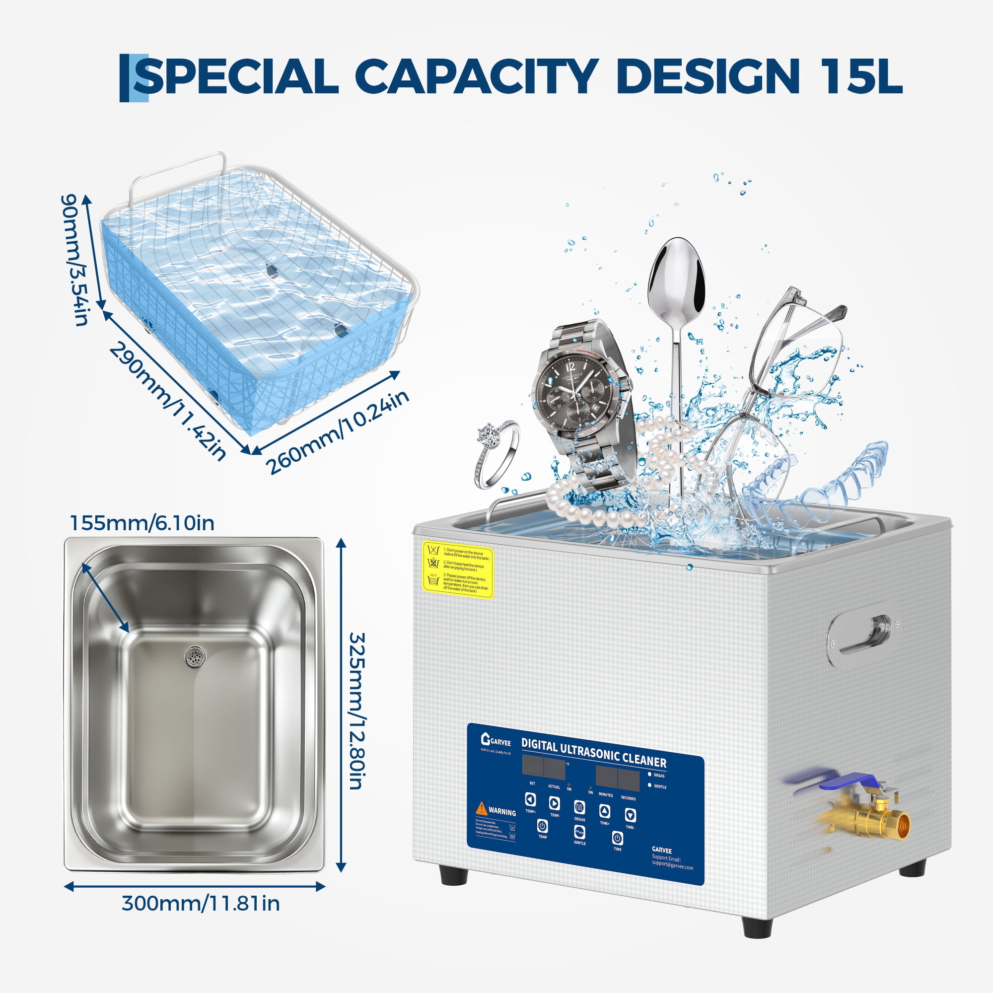15L Digital Ultrasonic Cleaner with Timer, Professional Stainless Steel Cleaning Machine with Transducers for Jewelry, Glasses, Eyeglass