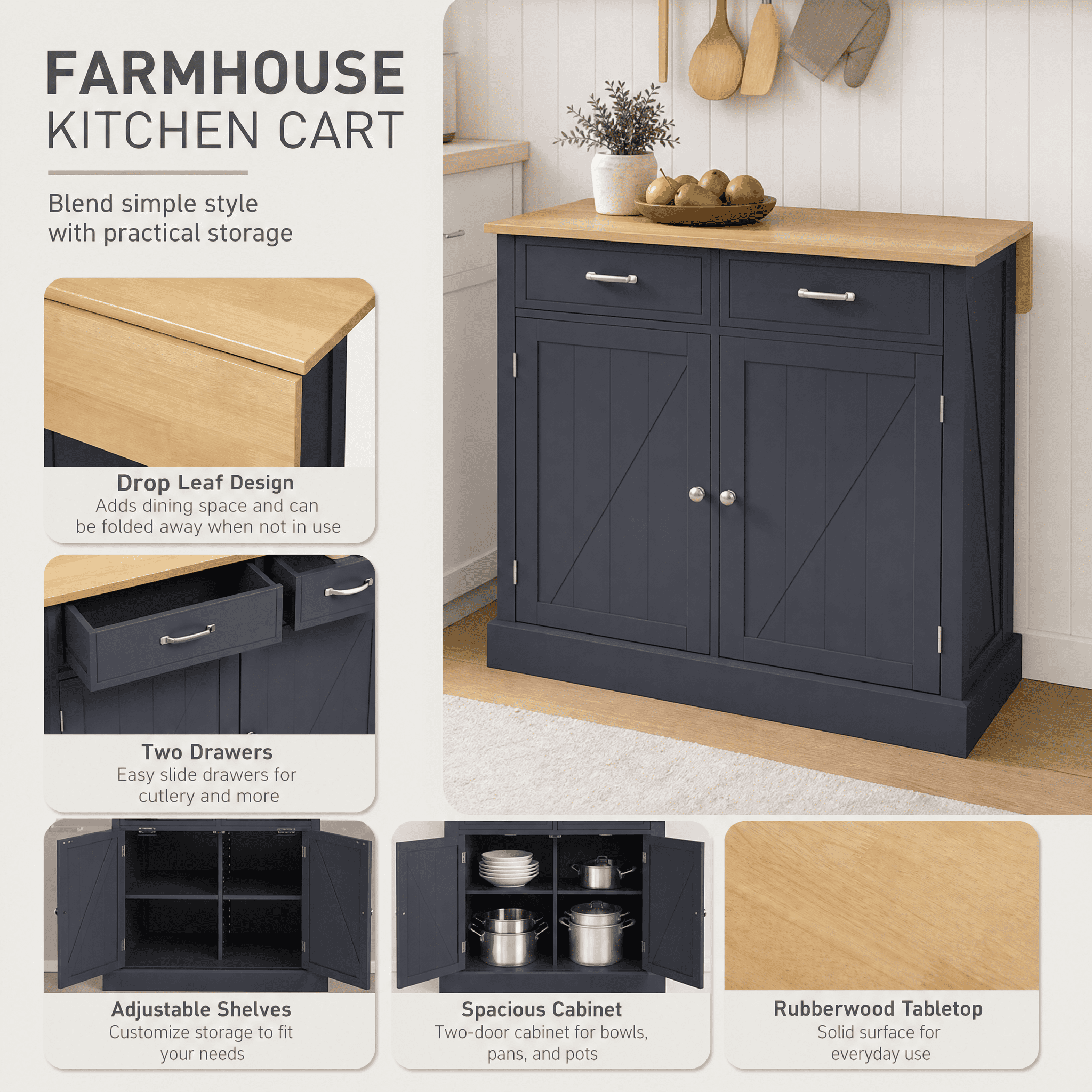 Farmhouse Kitchen Cart, Rolling Island with Drop Leaf Wood Breakfast Bar, 2 Drawers & Adjustable Shelves, Dark Gray