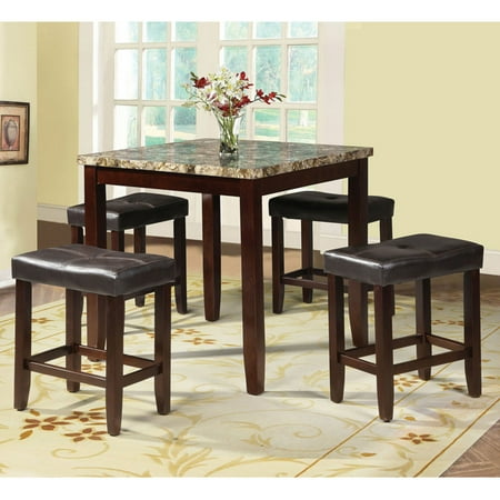 Faux Marble Counter - Acme Rolle 5-Piece Counter-Height Dining Set, Faux Marble and Espresso