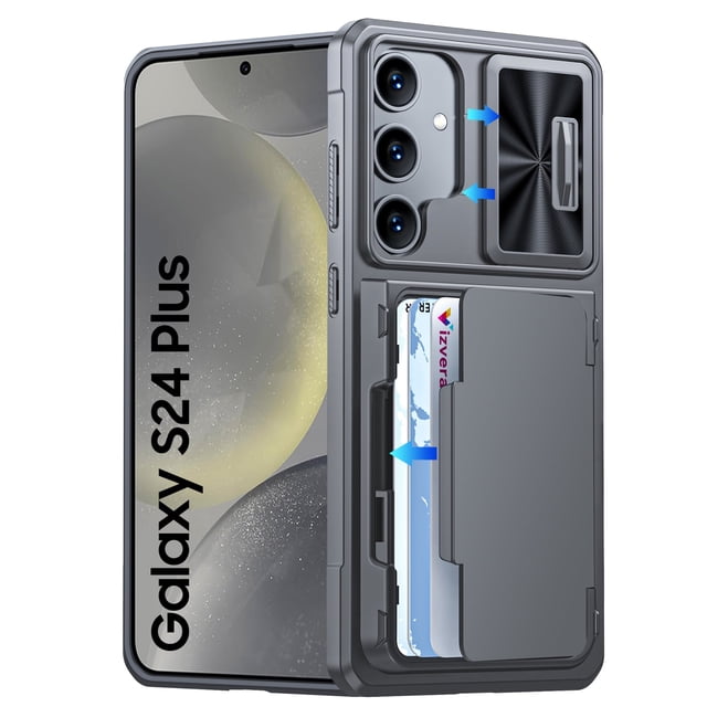 Oupeigar para Samsung Galaxy S24 Plus Funda de Teléfono con Soporte para Tarjetas RFID (Almacena 4 Tarjetas)&Cubierta de Cámara y Soporte, Funda de Silicona a Prueba de Golpes-gris