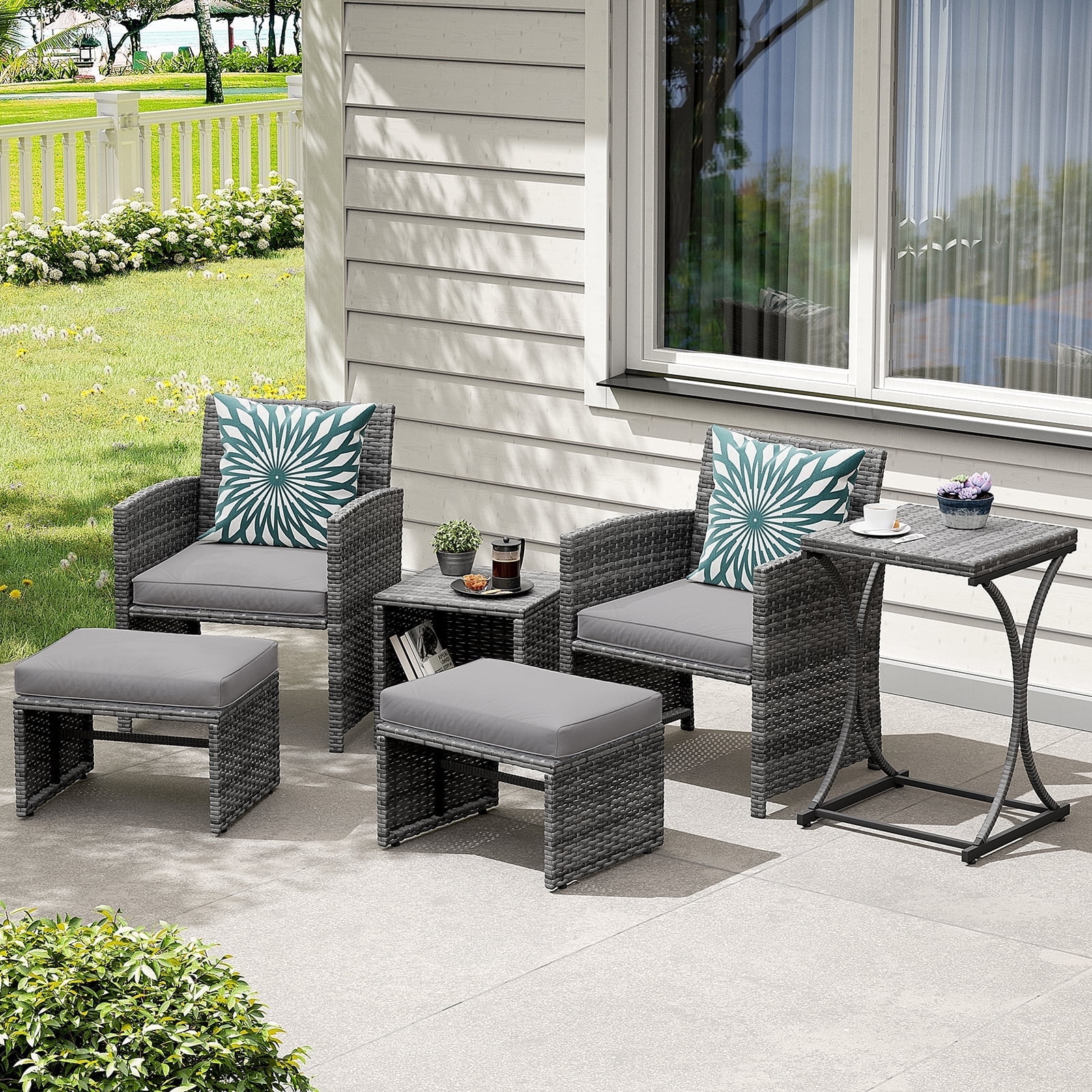 JOIVI 6 Piece Patio Furniture Conversation Set, with Ottoman, Outdoor Grey Wicker Chair and Table Set, Light Grey