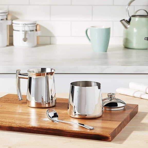 Frieling USA 18/10 Stainless Steel Sugar and Creamer Set - Coffee & Tea Accessories with 10 Oz Metal Creamer Pitcher & Sugar Bowl with Lid