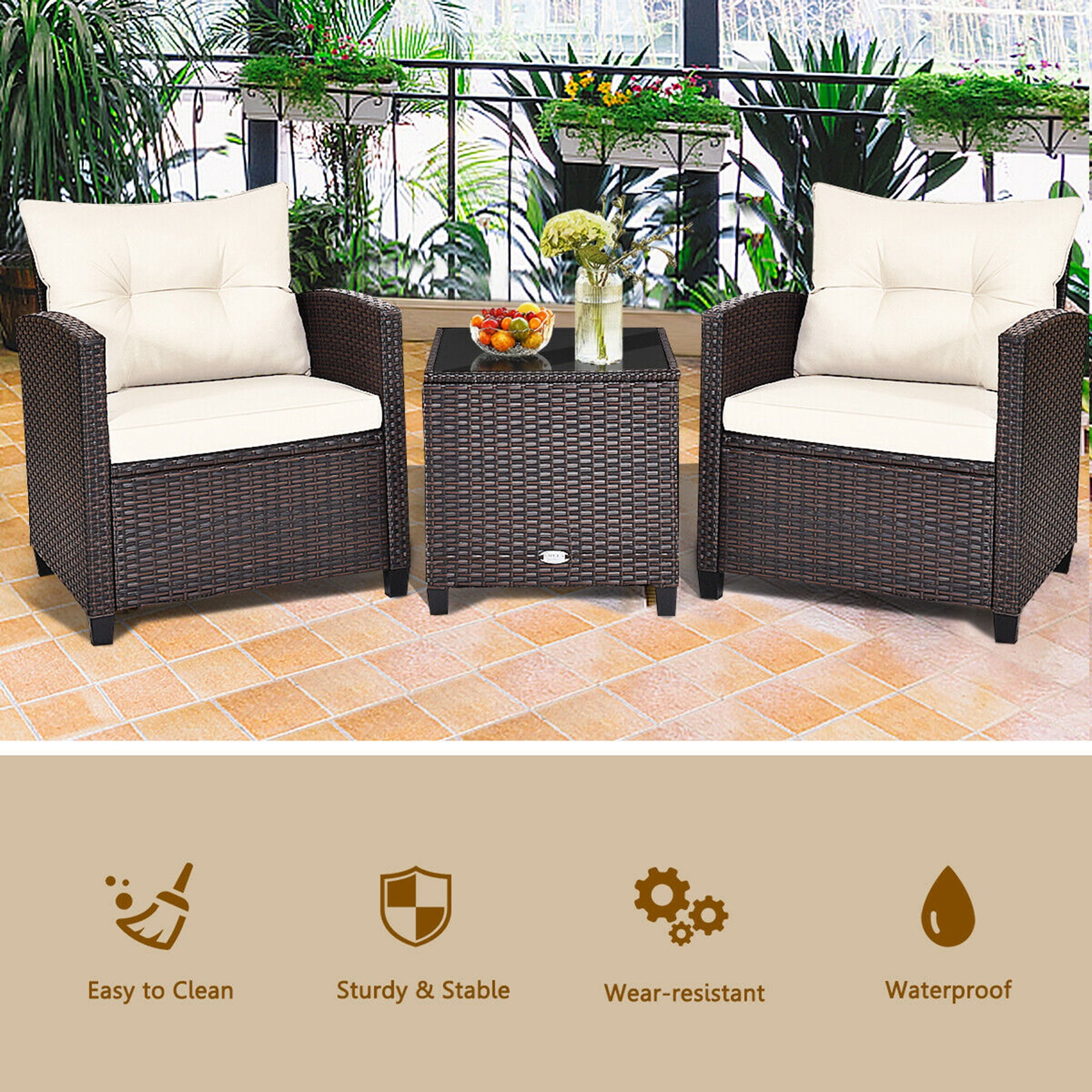 Gymax 3PCS Outdoor Patio Rattan Conversation Set Garden Yard w/ Off White Cushions