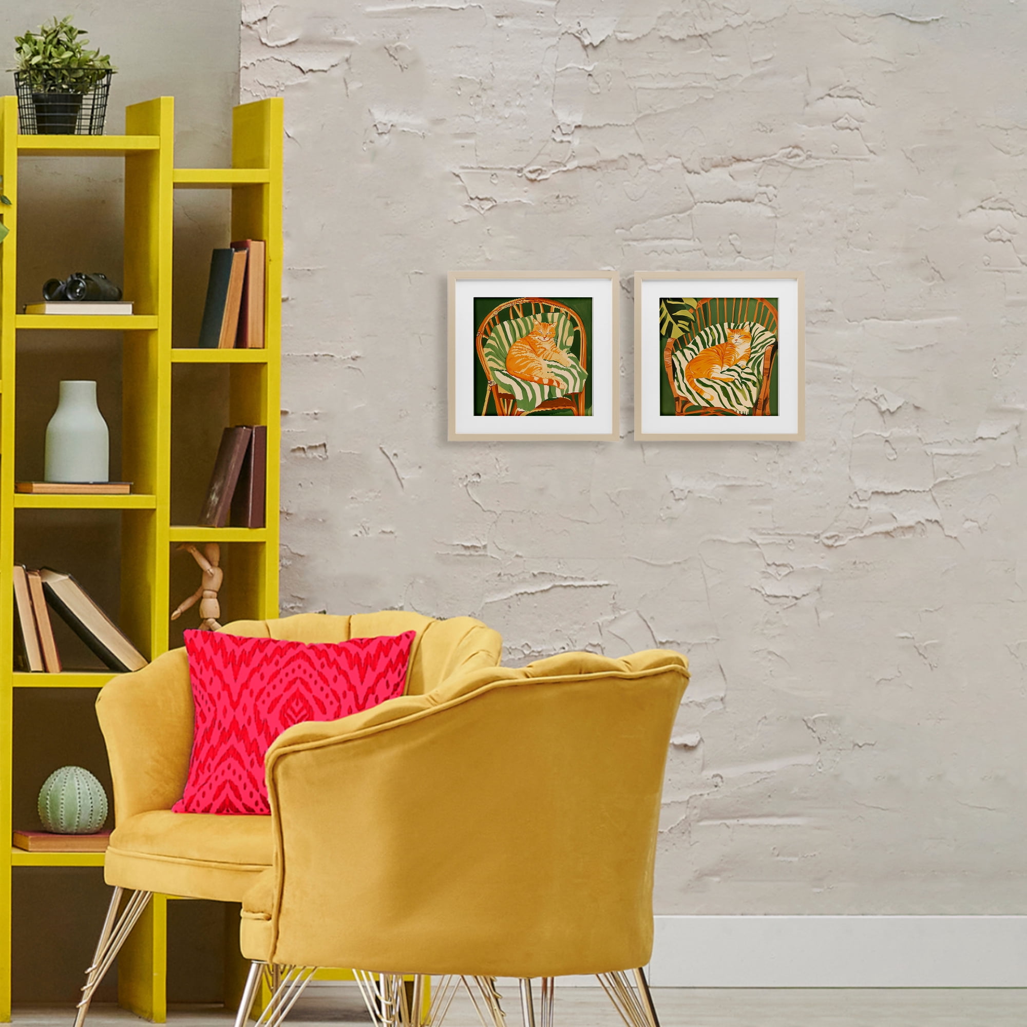 Stupell Industries Cozy Cats in Rattan Chairs 2 Piece Birch Framed Print Under Glass Set, design by Walker Noble